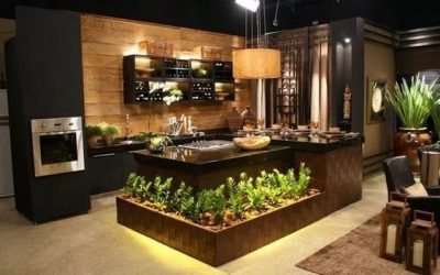 کابینت آشپزخانه چوب خالص با فضای سبز در دکوراسیون داخلی