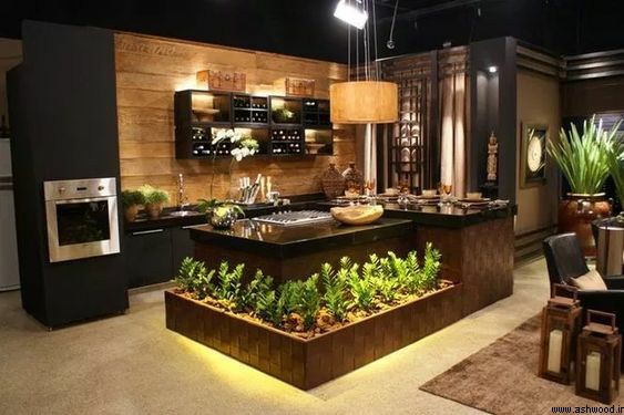 کابینت آشپزخانه چوب خالص با فضای سبز در دکوراسیون داخلی