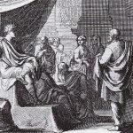 تصویری از ویترویوس در ۱۶۸۴ (راست) که در حال ارائه دادن ده کتاب معماری اثر ویتروویوس به آگوستوس هست.