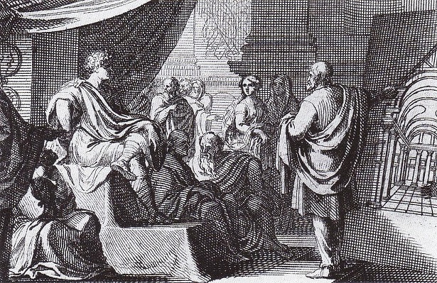 تصویری از ویترویوس در ۱۶۸۴ (راست) که در حال ارائه دادن ده کتاب معماری اثر ویتروویوس به آگوستوس هست.