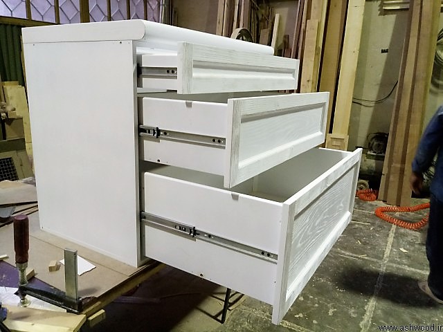 کابینت چوبی سفارشی با روکش بلوط رنگ سفید وایت واش , کابینت سه کشو
