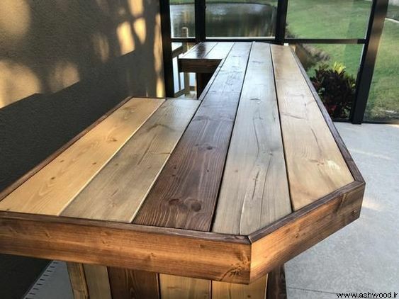 میز بار , میز L چوب روستیک , میز دست ساز ساخته شده از تخته چوب کاج 