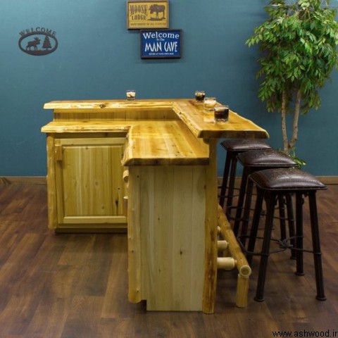 میز بار , میز L چوب روستیک , میز دست ساز ساخته شده از تخته چوب کاج 