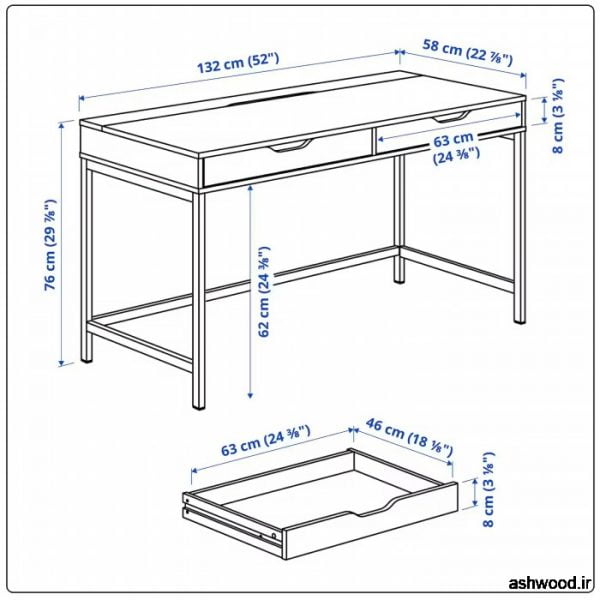 میز تحریر ساده با دو کشو , ابعاد استاندارد میز تحریر 