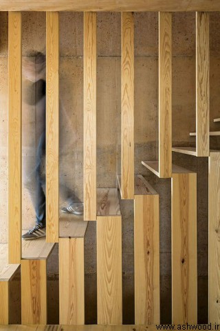 پله چوبی داخل ساختمان,ایده های ساخت پله چوبی,پله چوبی مدرن,پله با نورپردازی