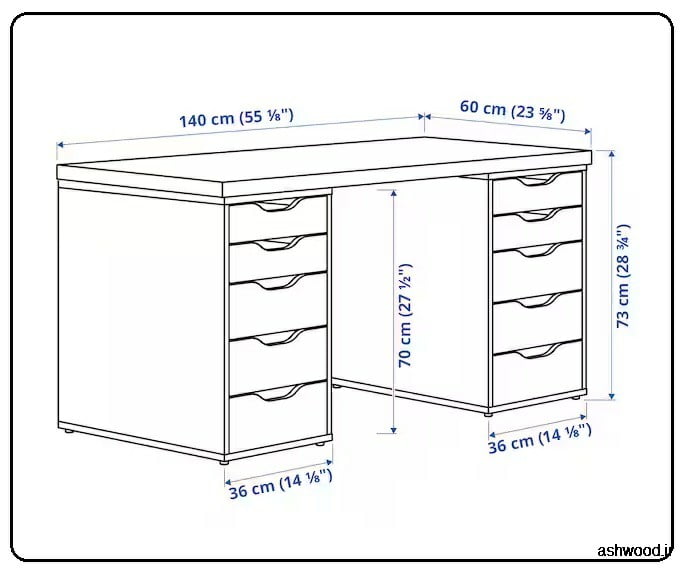 ابعاد میز تحریر بزرگ با دو ردیف کشو ( فایل ) 