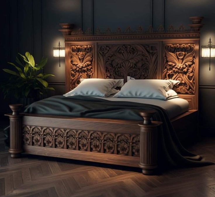 تخت خواب سبک روستیک و منبت کاری شده: گرمای طبیعت در اتاق خواب شما