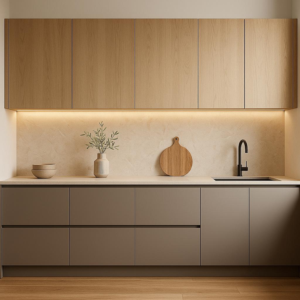 طراحی و ساخت کابینت آشپزخانه سفارشی با بهینه‌سازی فضا و نورپردازی حرفه‌ای
