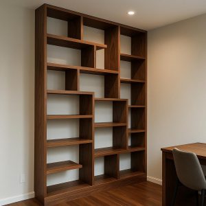 کتابخانه چوبی مدرن با طراحی سفارشی و متریال طبیعی