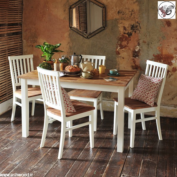 میز و صندلی چوب بلوط به رنگ بلوط خود رنگ و تکیه گاه صندلی به رنگ سفید خامه ای