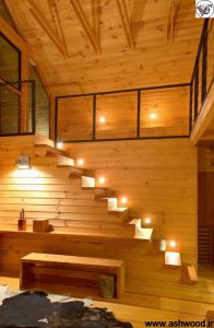 کلبه چوبی , لمبه و پله با نورپردازی برای هر پله