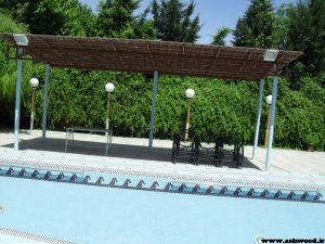 پروژه باغ 110 تهران کرج ، ساخت استخر ، کلبه بازی , چله و کلبه چوبی ، سقف چوبی سایبان ماشین ، آلاچیق