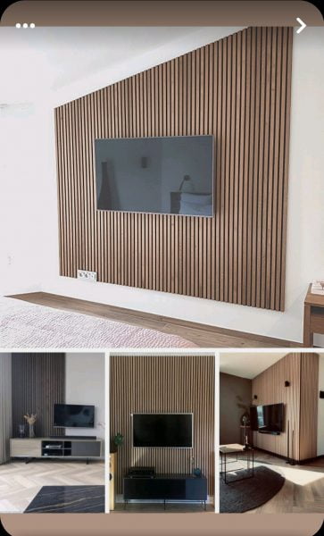 دیوار تلویزیون اجرا شده با لوور چوب