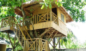 خانه چوبی درختی ساخته شده از تیر های چوبی گرد