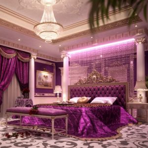 اتاق خواب کلاسیک و لوکس با رنگ بنفش
