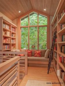 دکوراسیون اتاق کودک , کتابخانه چوبی و تخت خواب