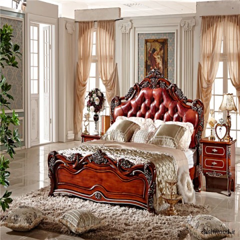 تخت خواب لوکس چوبی منبت کاری شده , سرویس خواب چوبی سلطنتی
