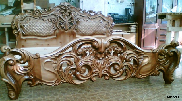 تخت خواب لوکس چوبی منبت کاری شده , سرویس خواب چوبی سلطنتی