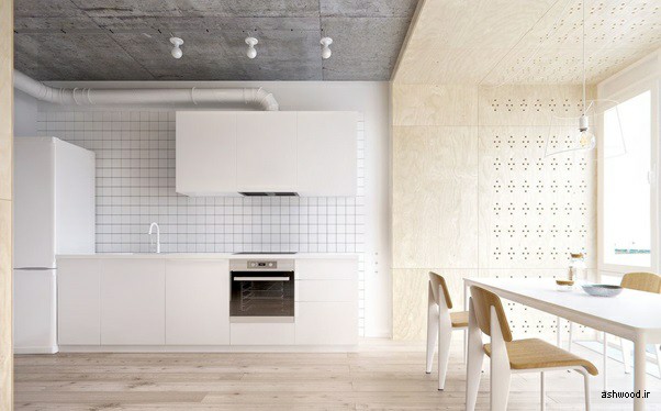 ایده سفید و چوبی برای آشپزخانه