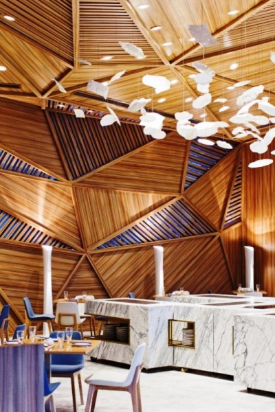 دکوراسیون چوبی رستوران ، طراحی با چوبهایی شبیه به لمبه