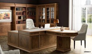 دکوراسیون چوبی دفترکار و میز مدیریت لوکس و کتابخانه