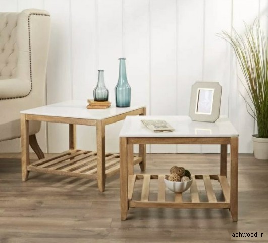 تصویر میز جلو مبلی تلفیق چوب و سنگ , ایده و مدل های دکوراسیون چوبی