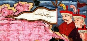 پرچم یا علی ولی الله مدد در دست لشکریان شاه اسماعیل در جنگ صفویان با شیبک خان