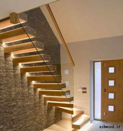 راه پله چوبی مدرن با نور ال ای دی داخلی