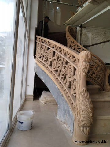 پله چوبی منبت کاری شده , پله دوبلکس و نرده چوبی وید